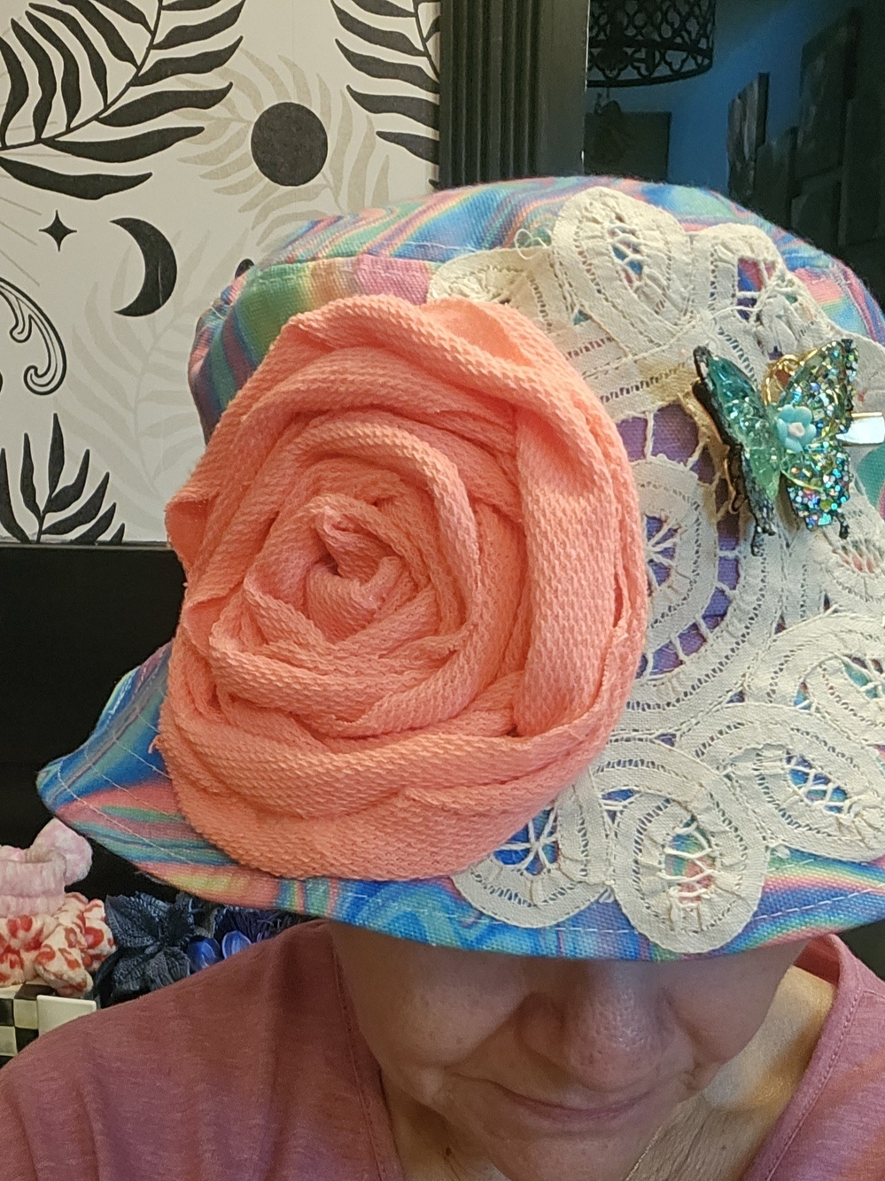 Women's Multicolor Bucket Hat with Coral Flower and Butterfly Accent
